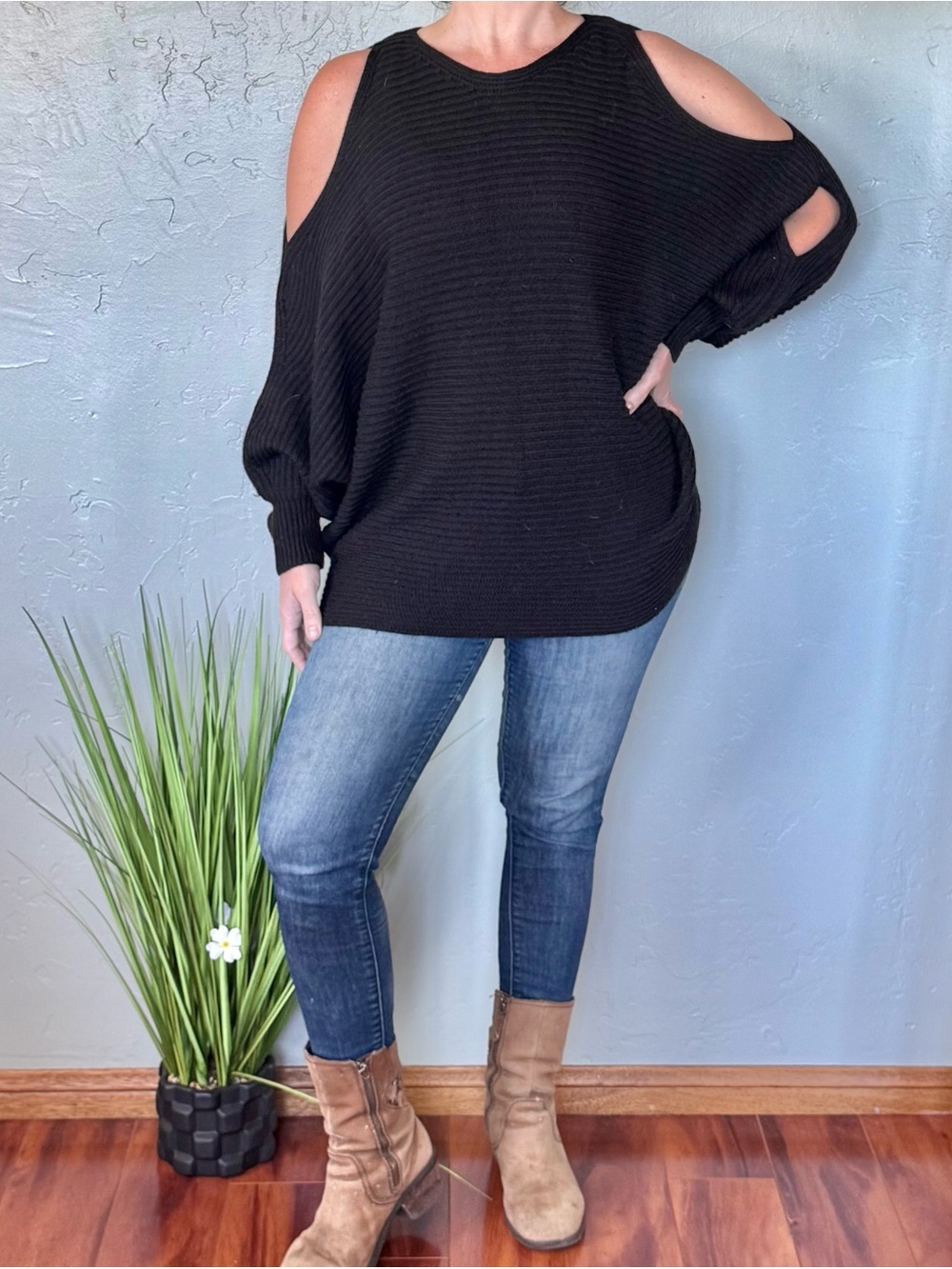 Kye Mi Double Open Cold-Shoulder Black Knit Long Sweater